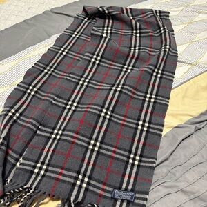 Burberry Grey Plaid Wool Scarf with Red and Ivory Stripes